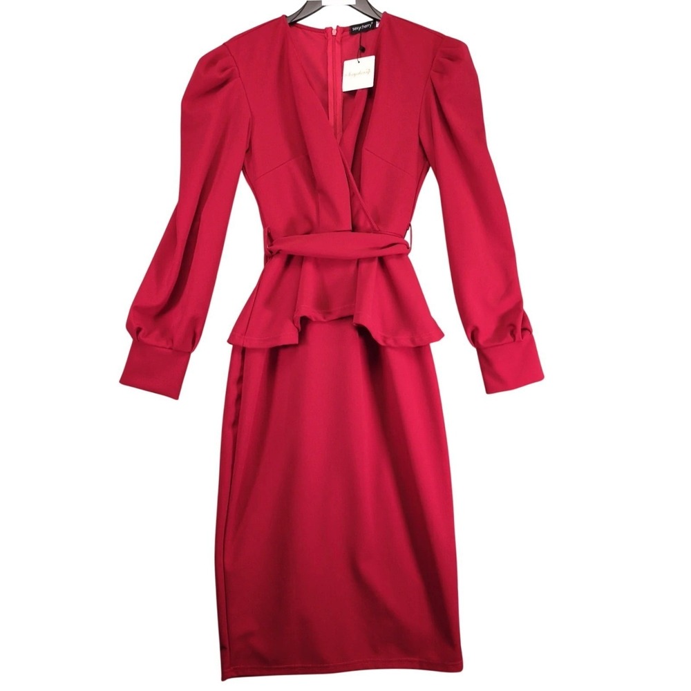NWT Sexycherry Red Peplum Pencil Dress Sz L Waist Tie Belt Elegant Evening Chic
